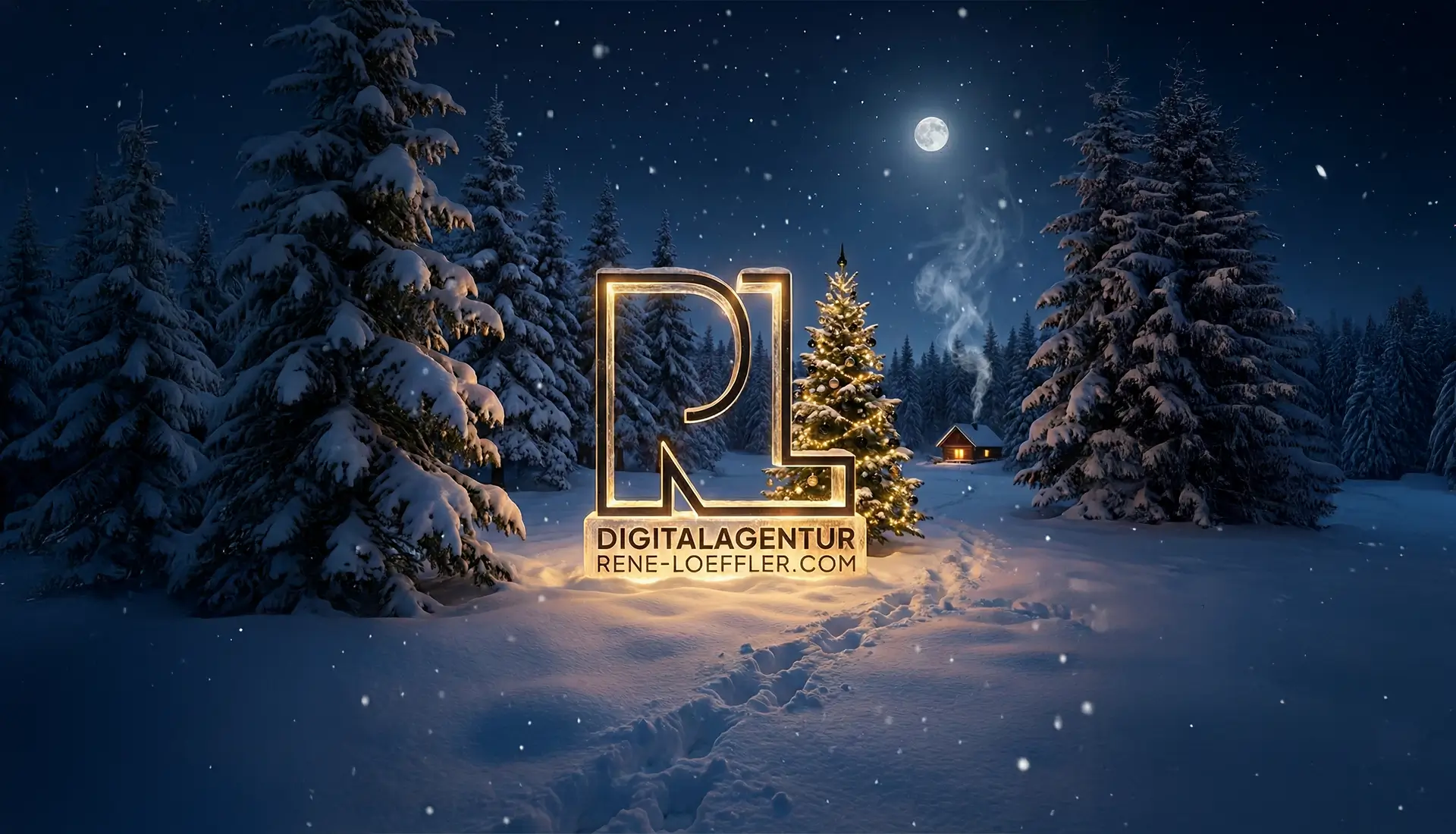 Beleuchtetes 3D-Logo der Digitalagentur René Löffler in einer verschneiten Winterlandschaft, passend zum Jahresrückblick 2025 und 20-jährigen Jubiläum.